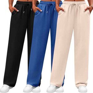 Locoowai 3 Pack Women (Large) Wide Leg Sweatpants Drawstring Waist Baggy